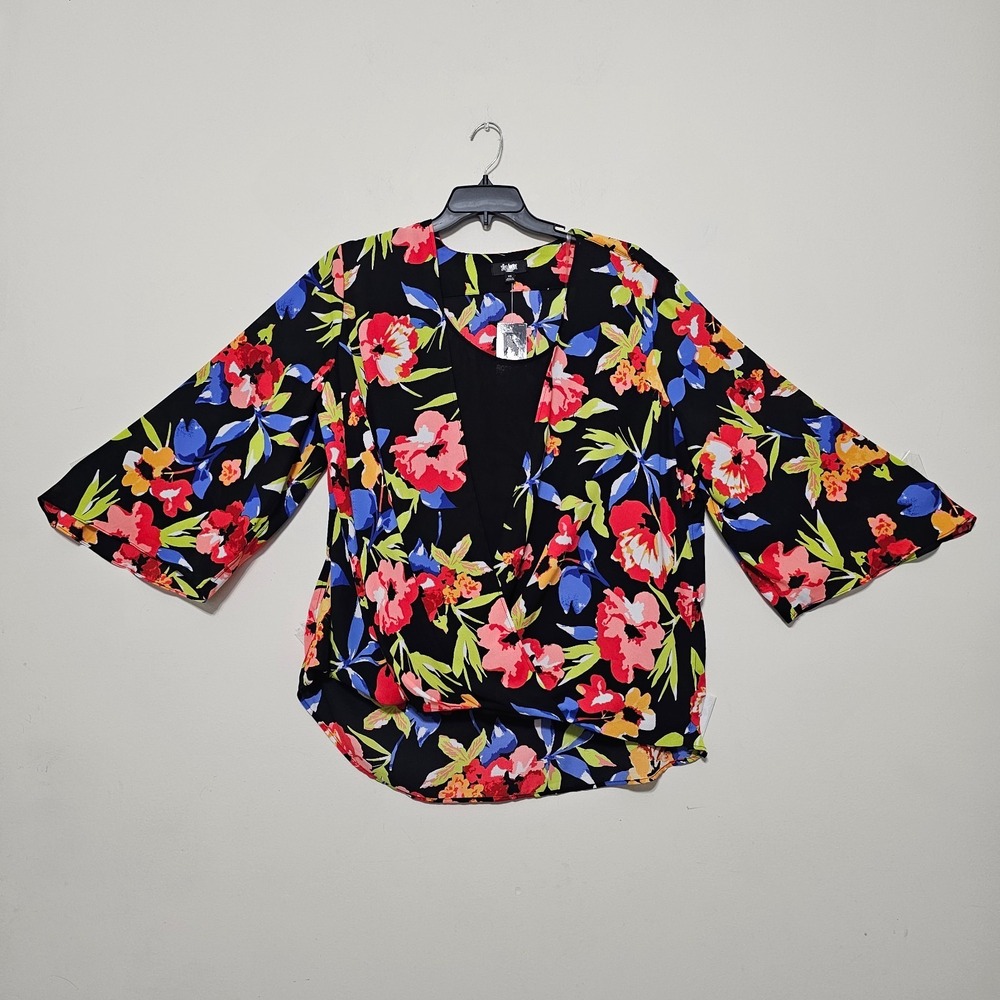 Slim Factor Women Top Blouse Plus Size 2X Black Multicolor 3/4 Sleeves Vneck 860